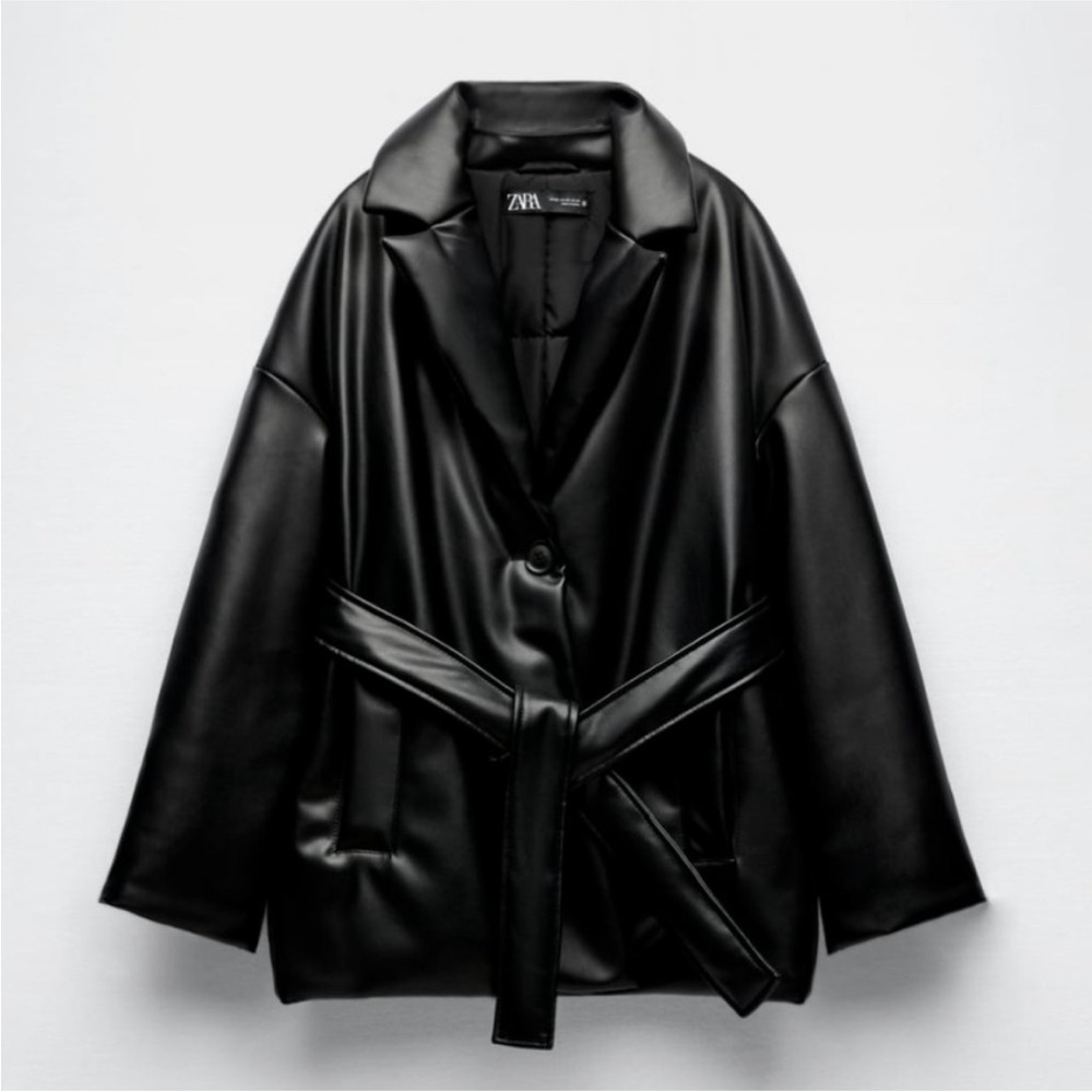 Zara Black Faux Leather Puffer Coat